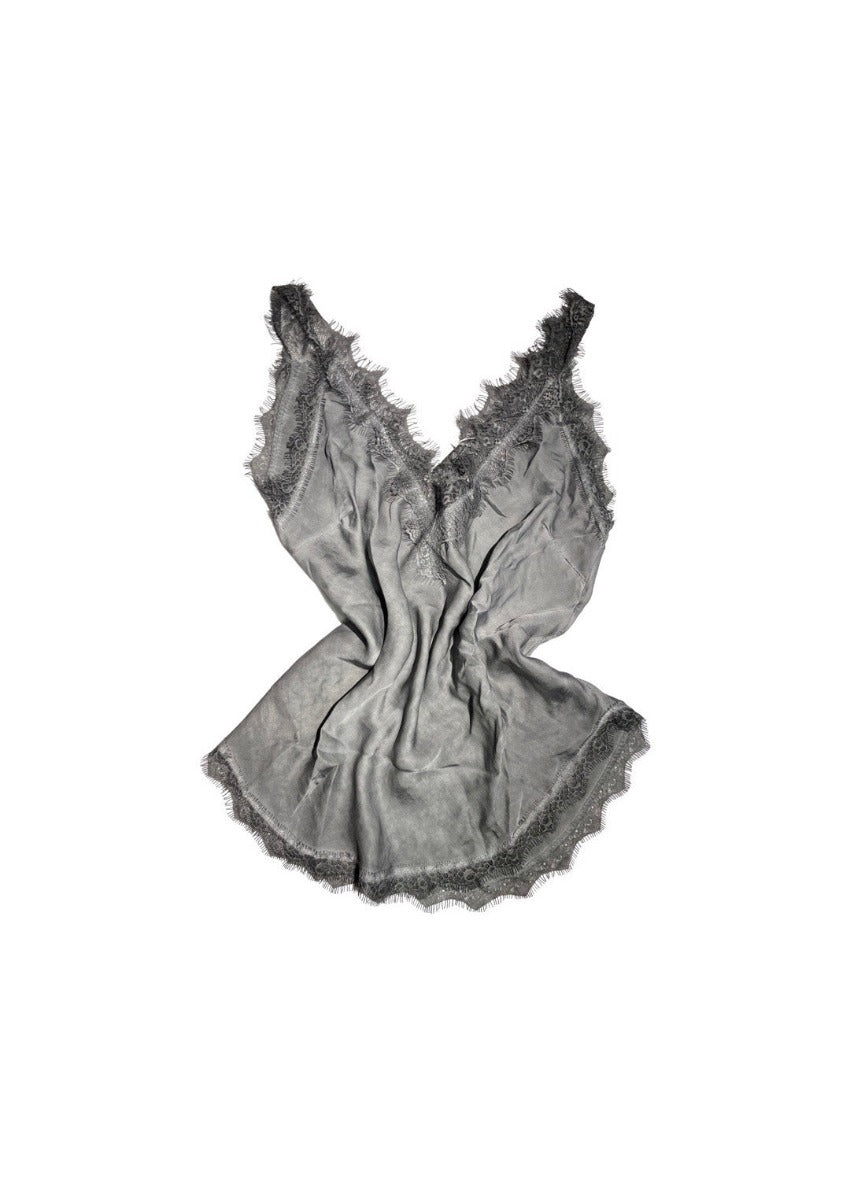 A dim grey  lace V-neck tank top with delicate lace trim on a white background.