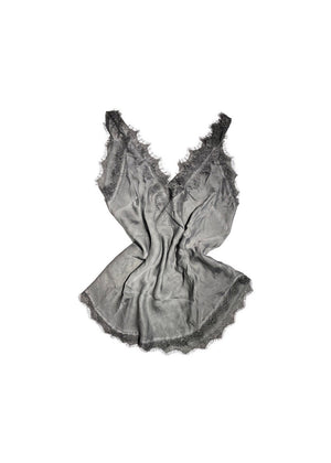 A dim grey  lace V-neck tank top with delicate lace trim on a white background.