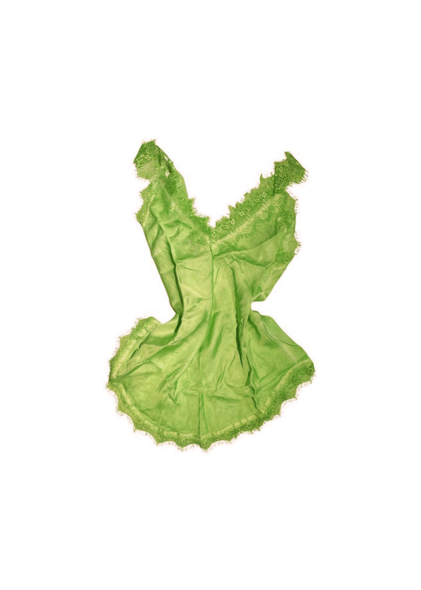 A green yellow lace V-neck tank top with delicate lace trim on a white background.