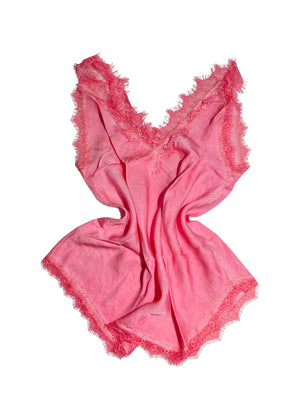 A hot pink lace V-neck tank top with delicate lace trim on a white background.