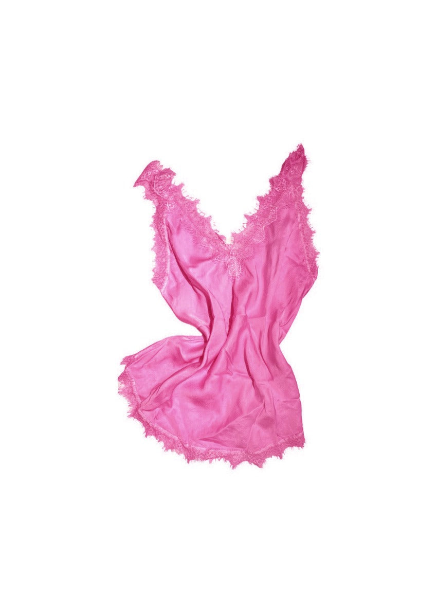 A hot pink lace V-neck tank top with delicate lace trim on a white background.
