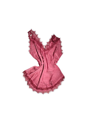 A indian red lace V-neck tank top with delicate lace trim on a white background.