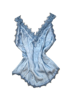A light sky blue lace V-neck tank top with delicate lace trim on a white background.