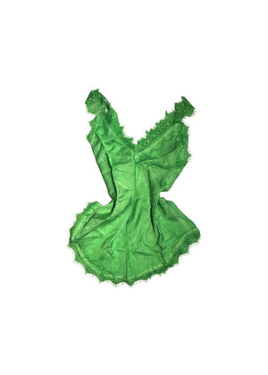 A lime green lace V-neck tank top with delicate lace trim on a white background.