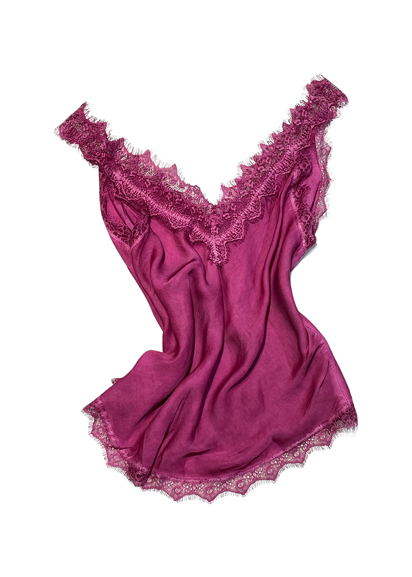 A medium violet red lace V-neck tank top with delicate lace trim on a white background.