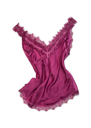 A medium violet red lace V-neck tank top with delicate lace trim on a white background.