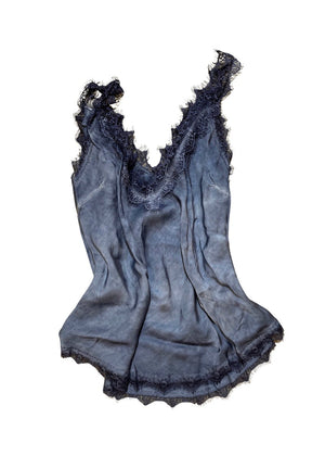 A midnight blue lace V-neck tank top with delicate lace trim on a white background.