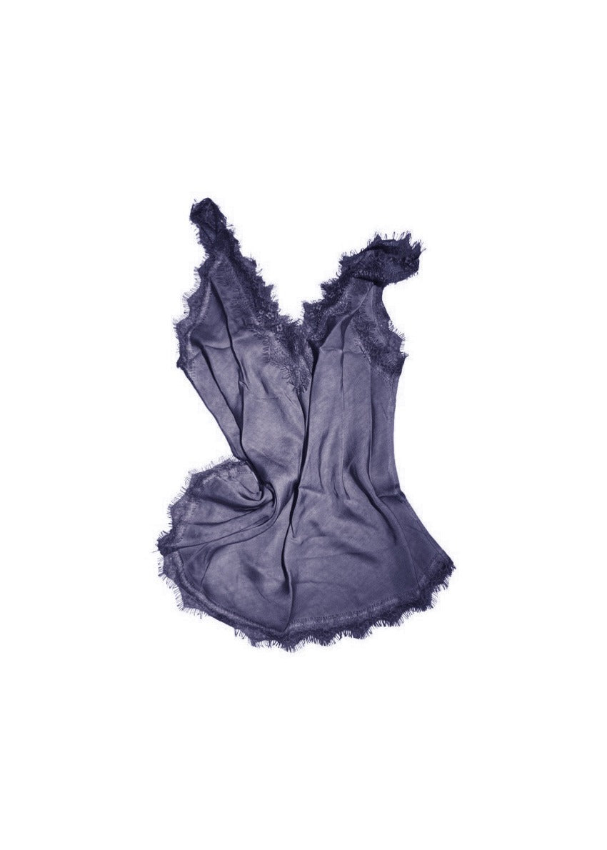 A midnight blue lace V-neck tank top with delicate lace trim on a white background.