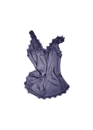 A midnight blue lace V-neck tank top with delicate lace trim on a white background.