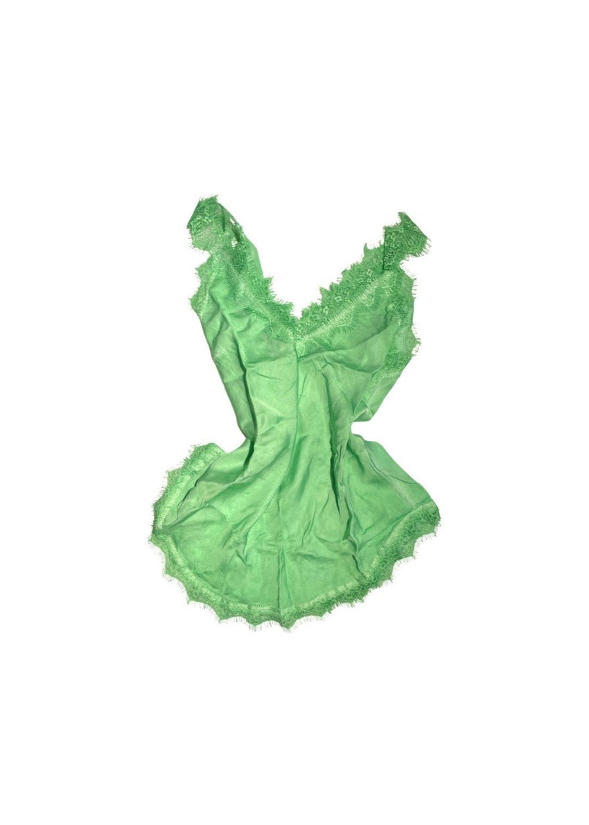 A pale green lace V-neck tank top with delicate lace trim on a white background.