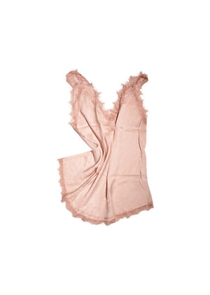 A pink lace V-neck tank top with delicate lace trim on a white background.