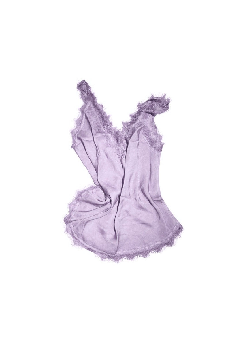 A thistle lace V-neck tank top with delicate lace trim on a white background.