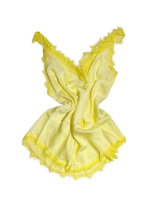 A yellow lace V-neck tank top with delicate lace trim on a white background.