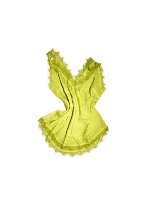 A yellow green lace V-neck tank top with delicate lace trim on a white background.