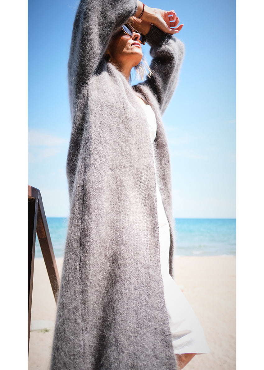 Person wearing a dim grey mohair long cardigan