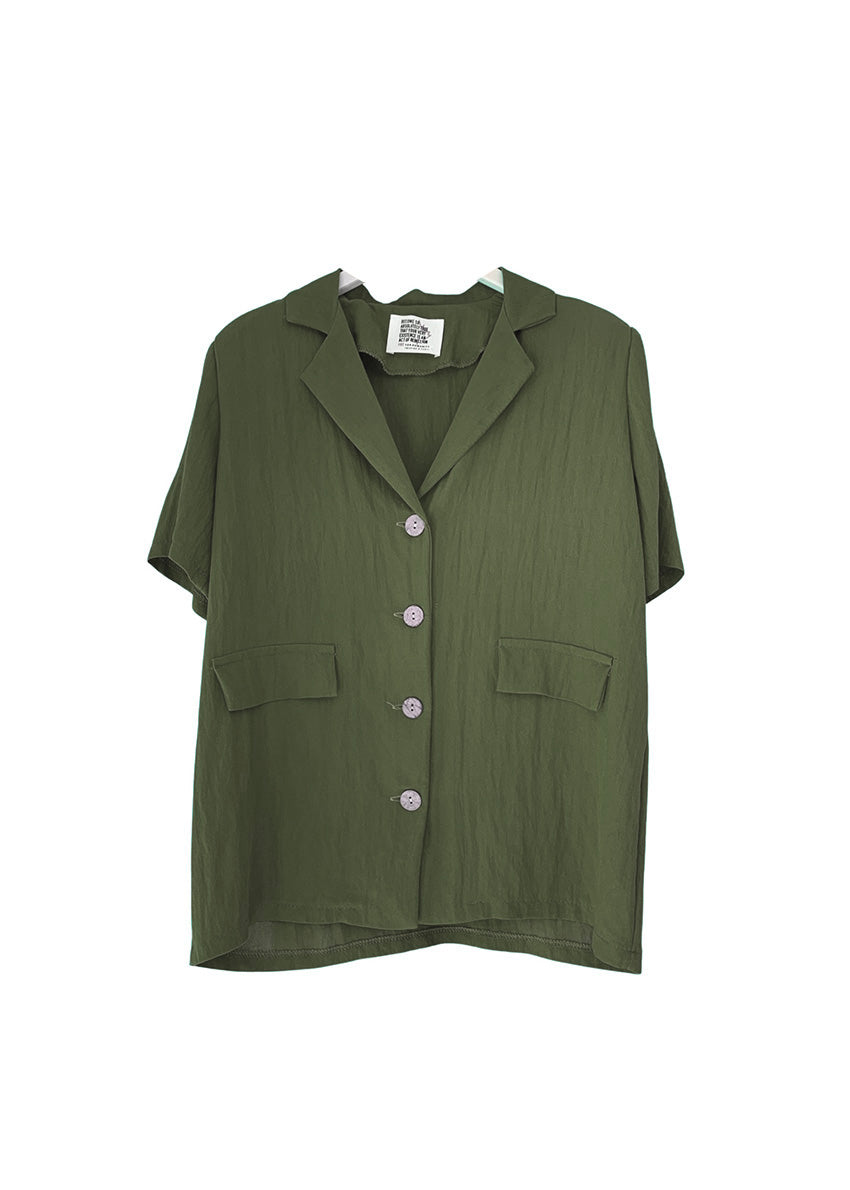 A dark olive green short-sleeve blazer with wood-like detailing on the buttons, displayed against a white background.