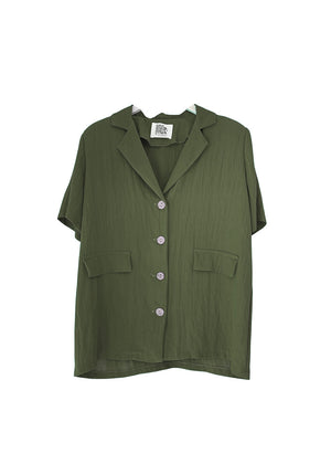 A dark olive green short-sleeve blazer with wood-like detailing on the buttons, displayed against a white background.