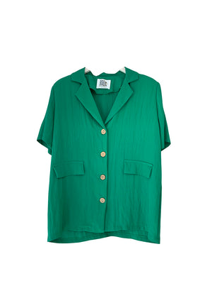A green short-sleeve blazer with wood-like detailing on the buttons, displayed against a white background.