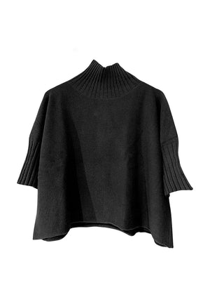 A very simple black sweater with ribbed sleeves texture and turtle neck, the vertical ribs makes it classy and comfortable. Very easy to wear, medium length, this sweater is for intermediate spring/ autumn days.