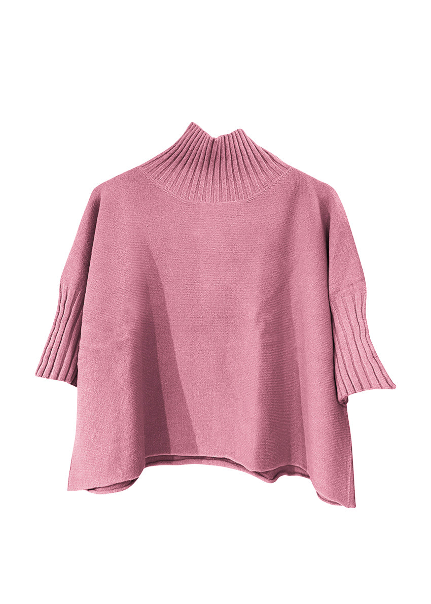 A very simple rose sweater with ribbed sleeves texture and turtle neck, the vertical ribs makes it classy and comfortable. Very easy to wear, medium length, this sweater is for intermediate spring/ autumn days.