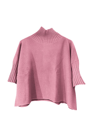 A very simple rose sweater with ribbed sleeves texture and turtle neck, the vertical ribs makes it classy and comfortable. Very easy to wear, medium length, this sweater is for intermediate spring/ autumn days.