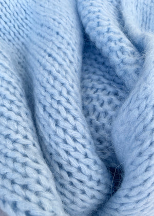 A close up light blue knit cardigan