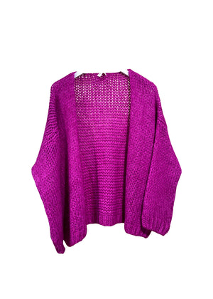 A purple knit cardigan on a white background 