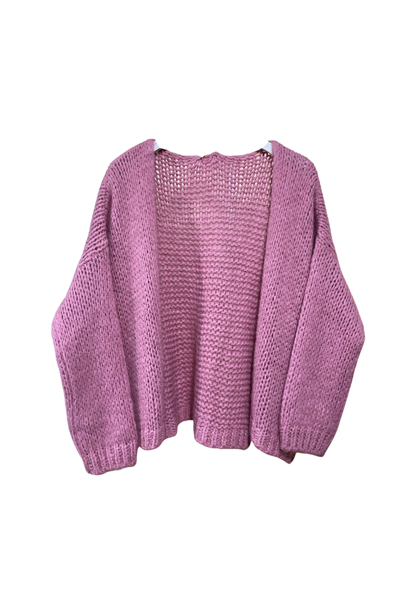 A purple knit cardigan on a white background 