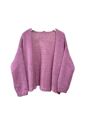 A purple knit cardigan on a white background 
