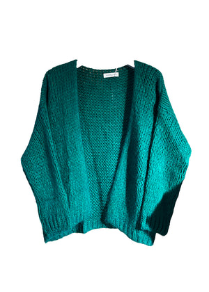 A teal knit cardigan on a white background 
