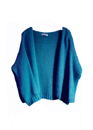 A teal knit cardigan on a white background 