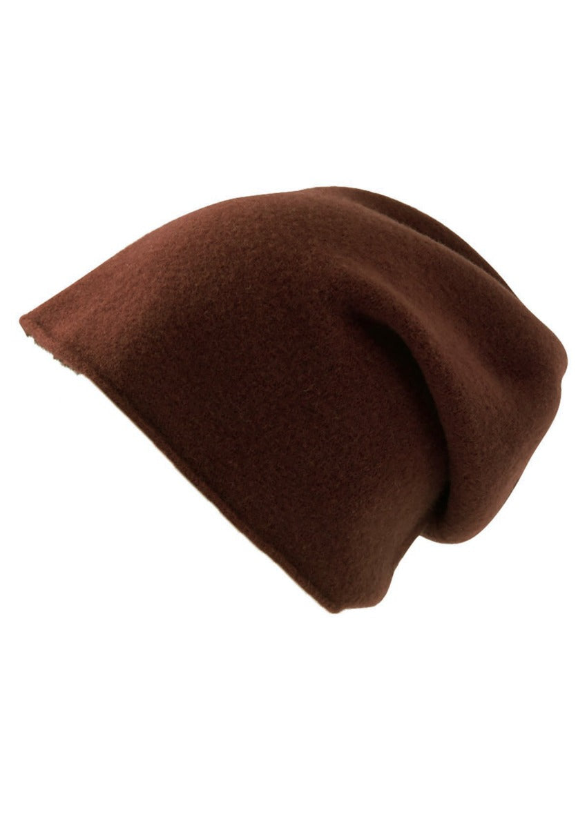 A dark brown wool beanie on a white background 