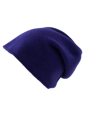 A midnight blue wool beanie on a white background 
