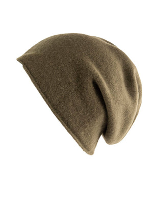 A olive wool beanie on a white background 