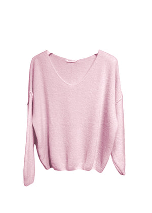A pink, loose-fitting, long-sleeved sweater with a deep V neckline.