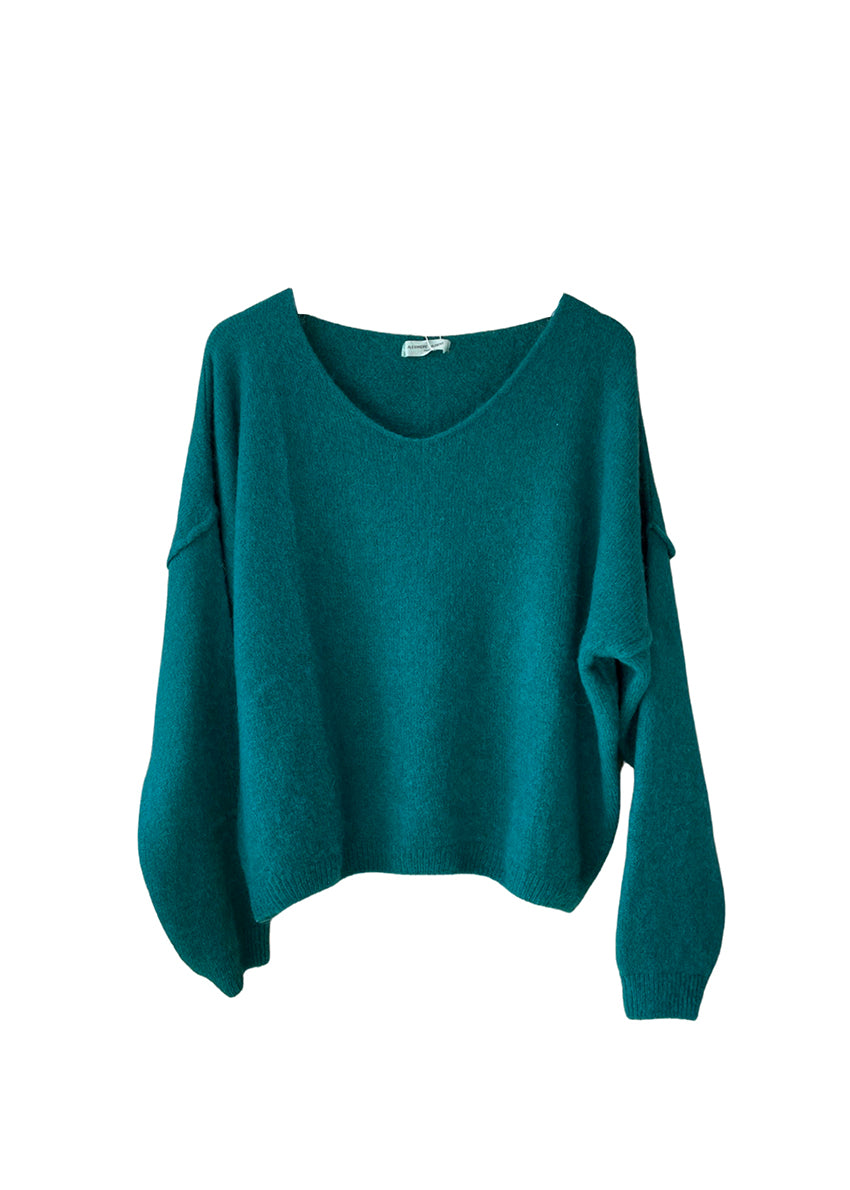 Teal soft sweater with a V neckline on a white background 