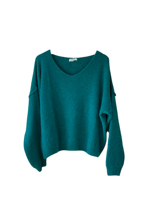 Teal soft sweater with a V neckline on a white background 