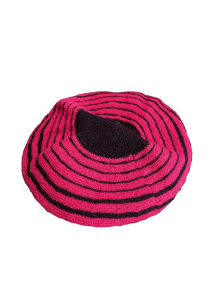A pink ringed stripes beanie on a white background 