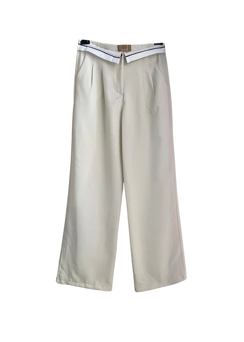 Beige long wide leg pants on a white background 