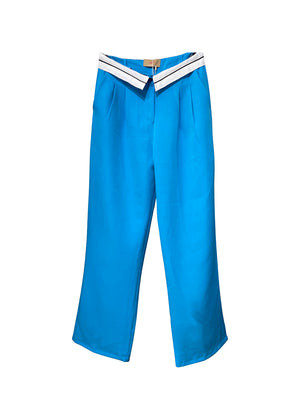 Blue long wide leg pants on a white background 