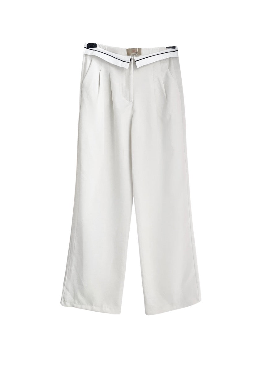 White long wide leg pants on a white background 