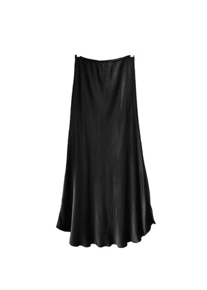 A black satin midi-length skirt with a high-rise waist and a flaring hem.