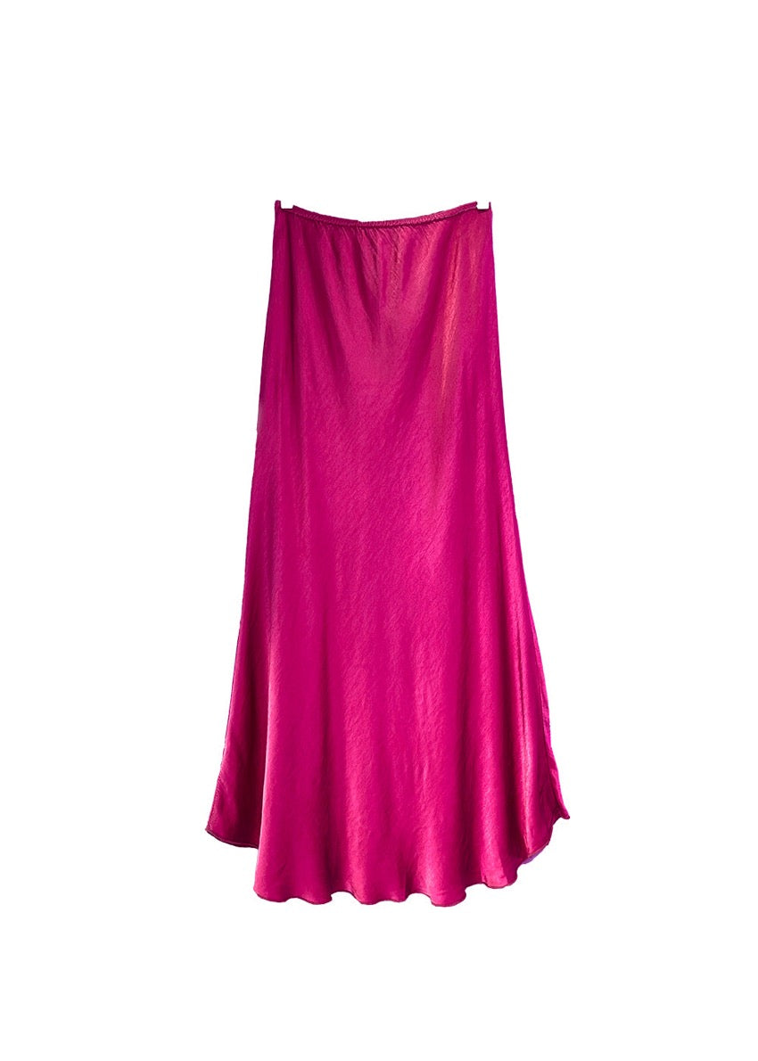 A deep pink satin midi-length skirt with a high-rise waist and a flaring hem.