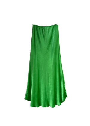A forest green satin midi-length skirt with a high-rise waist and a flaring hem.