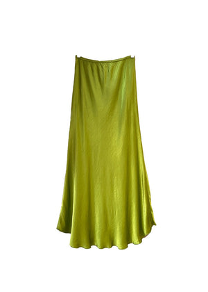 A green satin midi-length skirt with a high-rise waist and a flaring hem.
