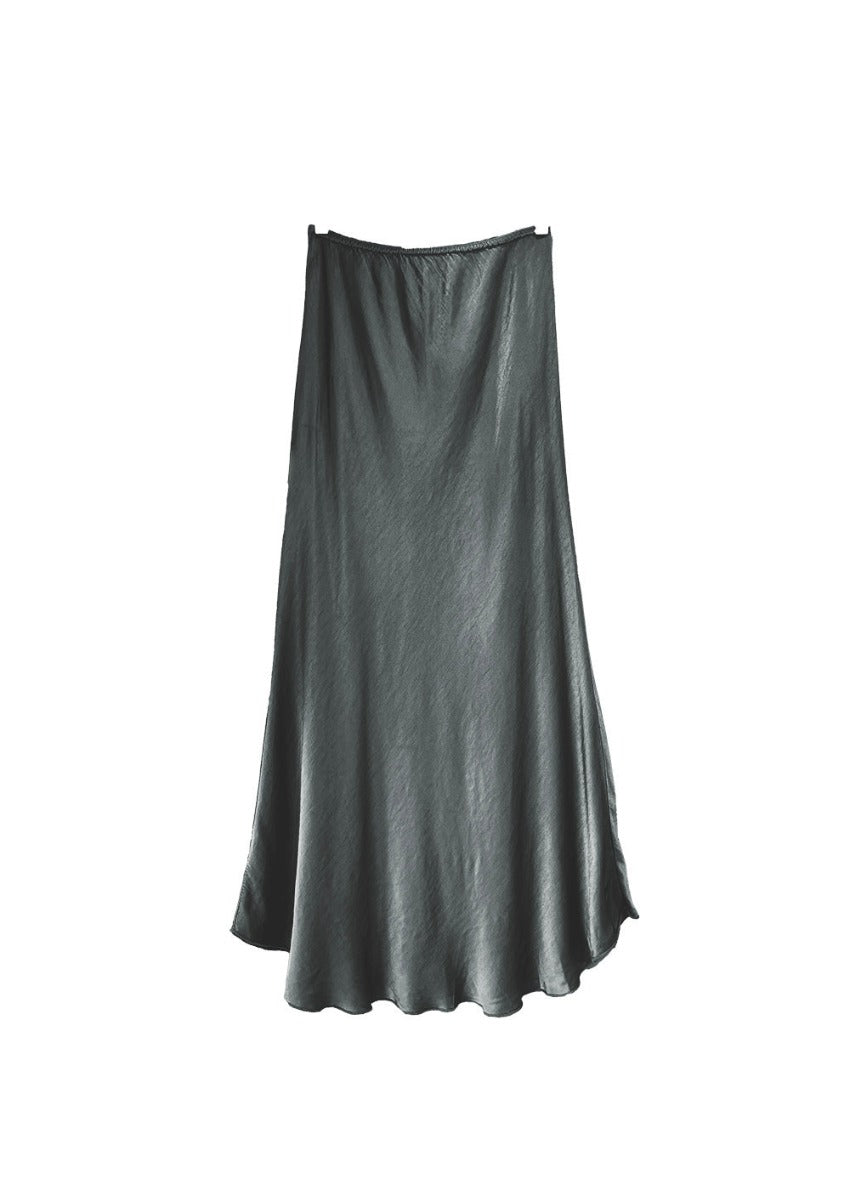 A grey satin midi-length skirt with a high-rise waist and a flaring hem.