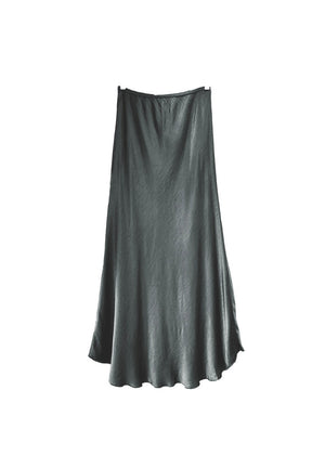 A grey satin midi-length skirt with a high-rise waist and a flaring hem.