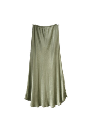 A satin green khaki skirt on a white background 