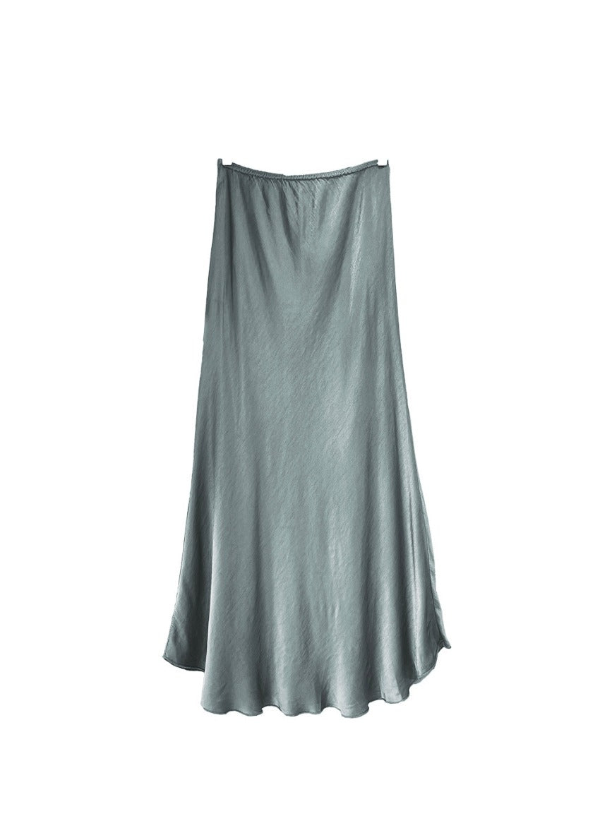 A light grey satin midi-length skirt with a high-rise waist and a flaring hem.