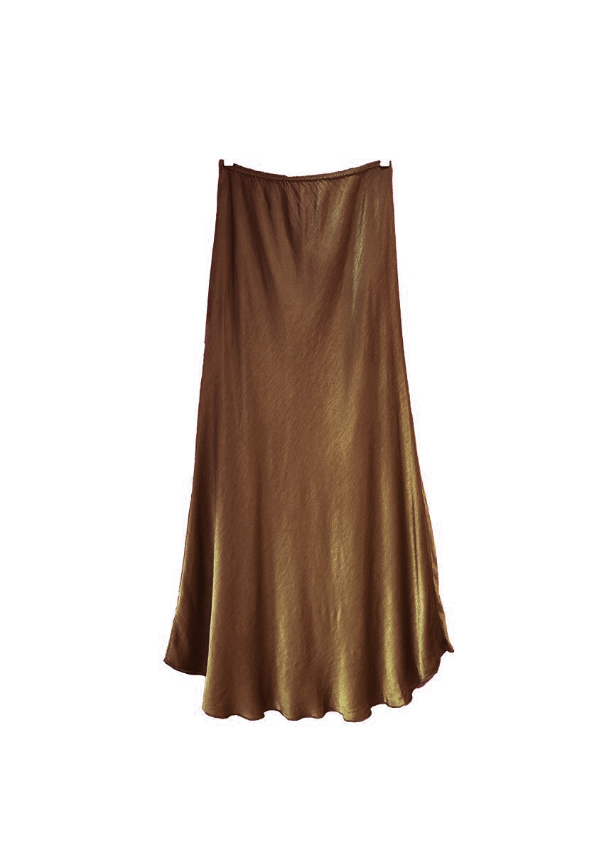 A brown satin midi-length skirt with a high-rise waist and a flaring hem.